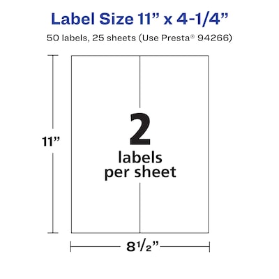 Avery Laser/Inkjet Rectangle Waterproof Multipurpose Labels, 4.25"  x 11", White, 50/Pack (94266)