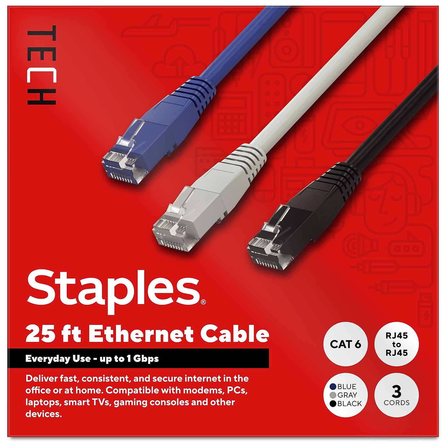 Staples TECH 25 ft. Cat-6 Ethernet Cable, Male to Male, Assorted Colors, 3/Pack (ST62460)