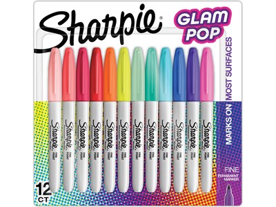 Sharpie Glam Pop Permanent Markers, Fine Tip, Assorted Colors, 12/Pack (2185226)