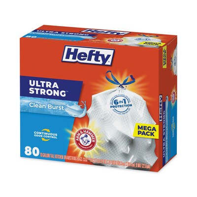 Hefty® Ultra Strong Scented Tall White Kitchen Bags, 13 gal, 0.9 mil, 24.75" x 24.88", White, 80 Bags/Box, 3 Boxes/Carton