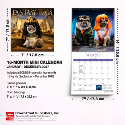 2027 BrownTrout Fantasy Pugs 7" x 7" Monthly Wall Calendar, Assorted Colors (9798330713219)