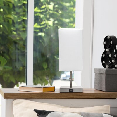 Simple Designs Petite Stick Lamp with USB Charging Port and Fabric Shade, White (LT1087-WHT)