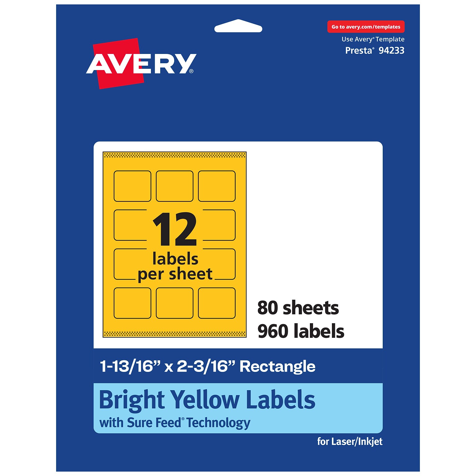 Avery Rectangle Laser/Inkjet Multipurpose Labels, 1-13/16 x 2-3/16, Bright Yellow (960/Box)