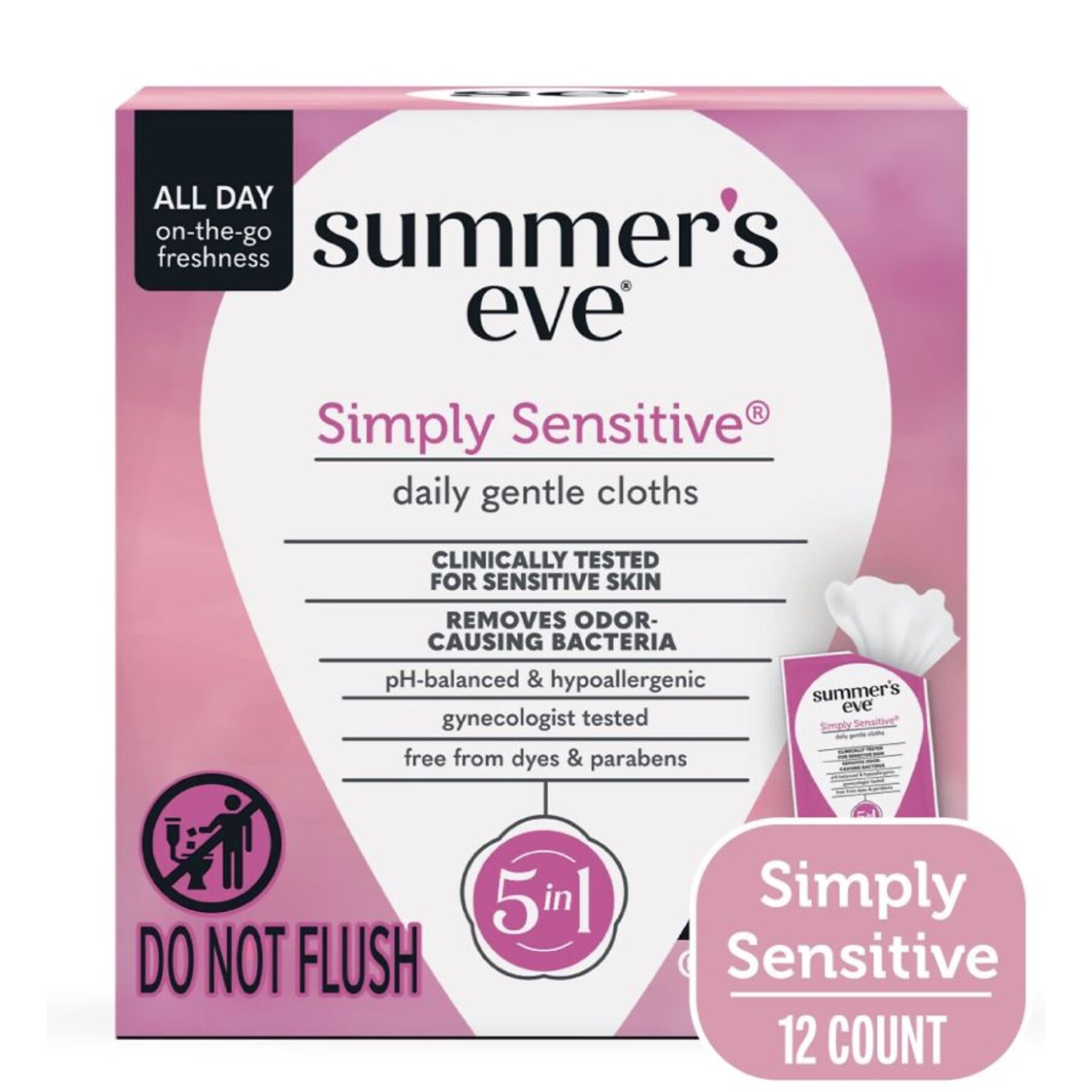 Summers Eve Simply Sensitive Daily Cloth, Floral Scent, 12 Wipes/Box, 18/Carton (ZSDASTP214)