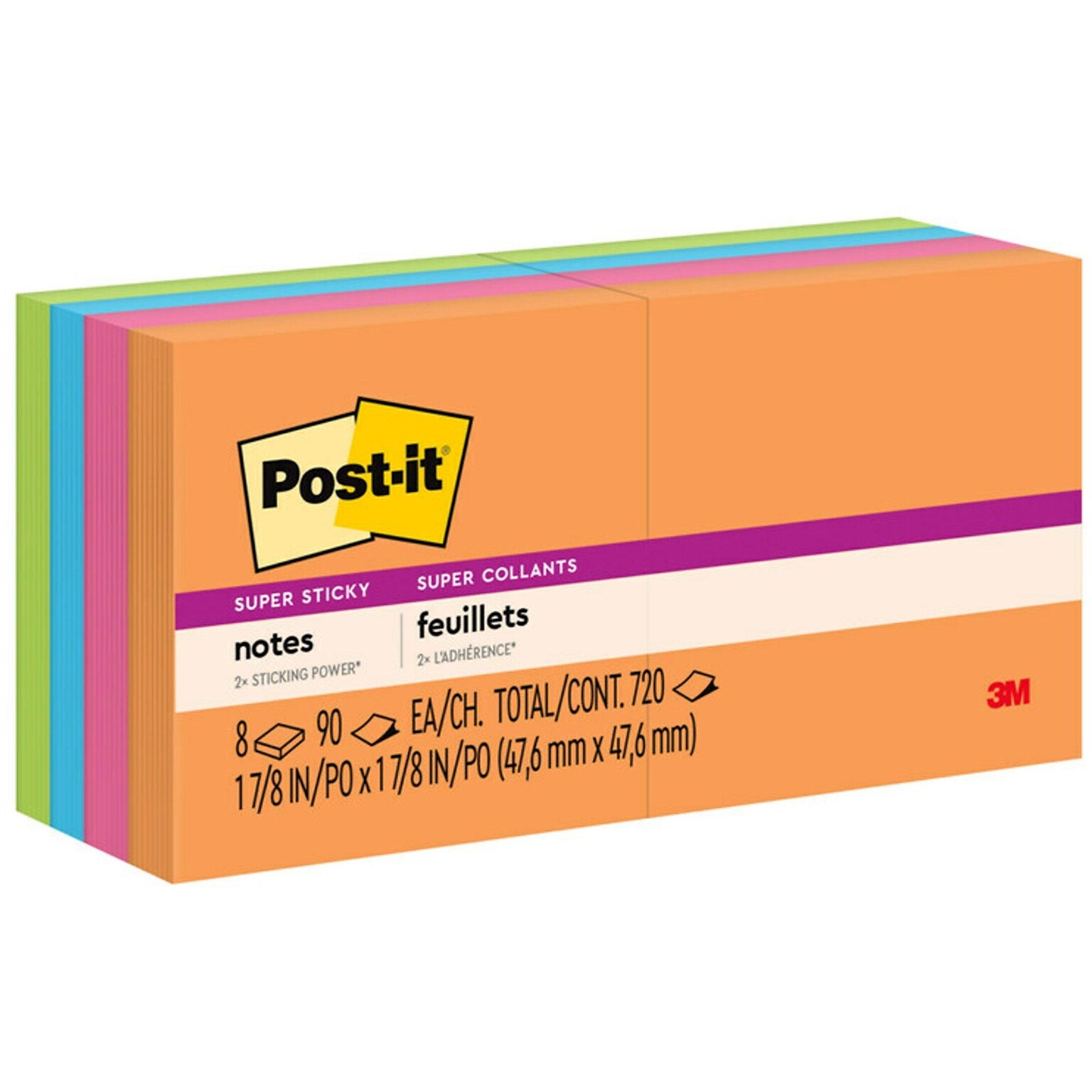 Post-it Super Sticky Notes, 2 x 2, Energy Boost Collection, 90 Sheet/Pad, 8 Pads/Pack (6228SSAU)