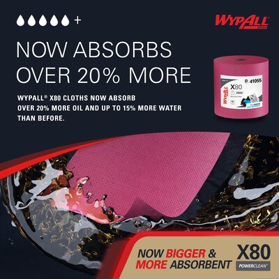 WypAll PowerClean X80 Cloth Cleaning Wipers, 16.8" x 12.5", Red, 455 Sheets/Roll (41055)
