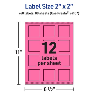 Avery Laser/Inkjet Square Multipurpose Labels, 2" x 2", Bright Pink, 960/Box (94107)