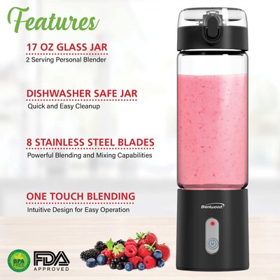 Brentwood 17-Oz. Portable Battery-Operated USB-Chargeable Glass Blender, Black (RJB-100BK)