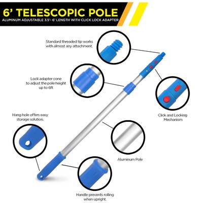 Gritt Commercial 6 Telescopic Extension Pole, Aluminum, Adjustable 3.5 - 6 length with Click / Lock Adapter Cone (GRI106-6F)