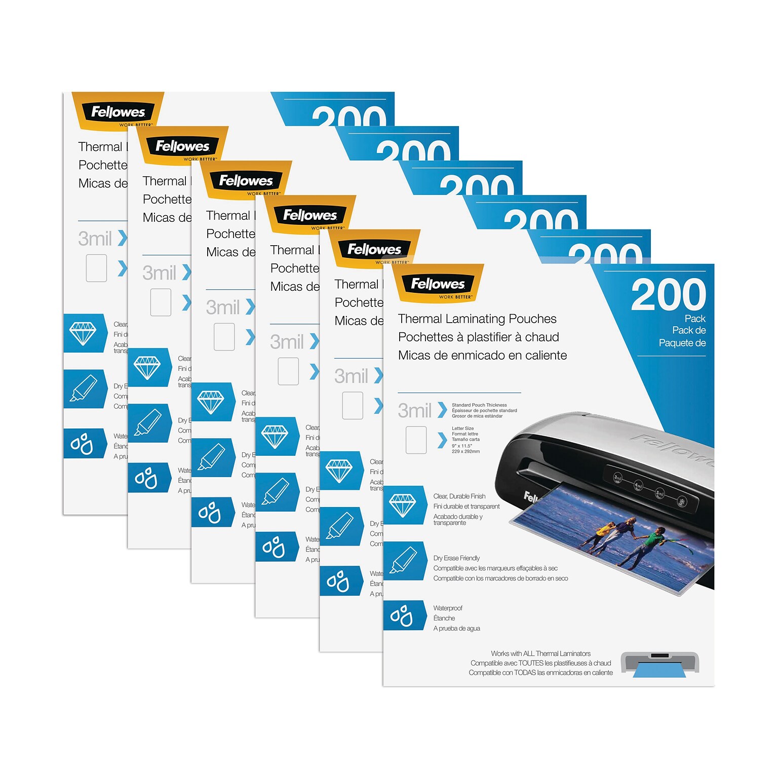 6 Pack Fellowes Thermal Laminating Pouches, Letter Size, 3 Mil, 200/Pack (5743401)