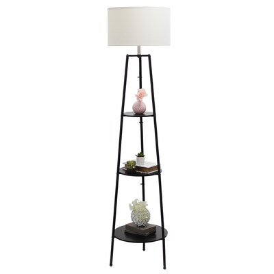 Simple Designs 62.5" Tall Modern Tripod 3 Tier Shelf Standing Floor Lamp with White Drum Fabric Shade, Black (LF2015-BLK)