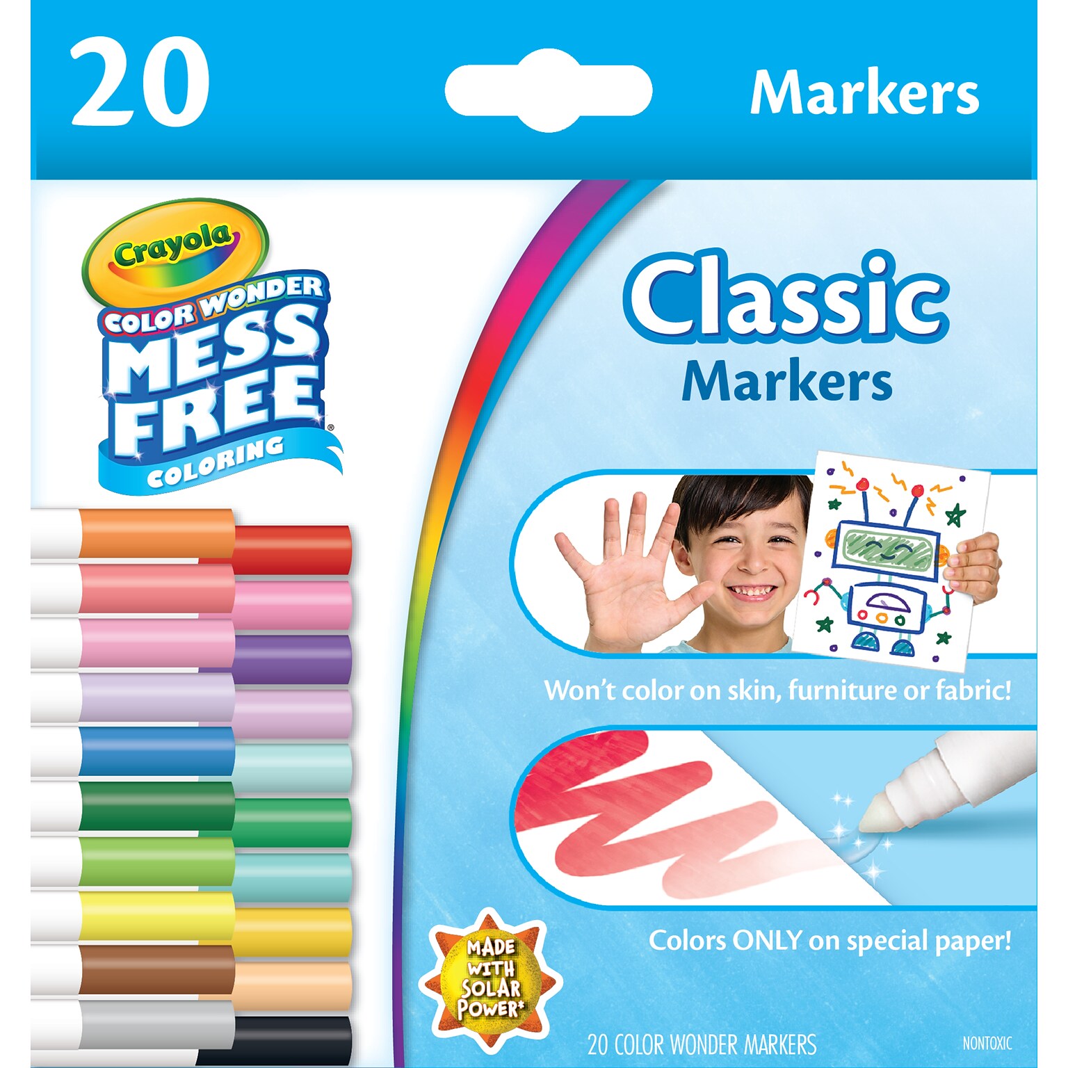 Crayola Color Wonder Washable Water-Based Markers, Assorted Colors, 20/Pack (75-2857)