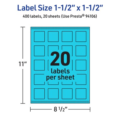 Avery Laser/Inkjet Multipurpose Square Labels, 1.5" x 1.5", Bright Blue, 400/Pack (94106)