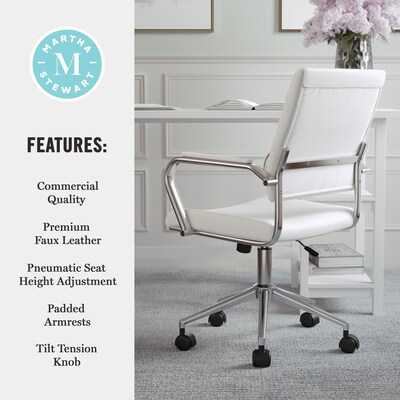 Martha Stewart Piper Faux Leather Swivel Office Chair, White/Polished Nickel (CH2209212WH)