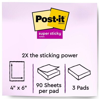 Post-it Super Sticky Notes, 4" x 6", Playful Primaries Collection, Lined, 90 Sheet/Pad, 3 Pads/Pack (6603SSAN)
