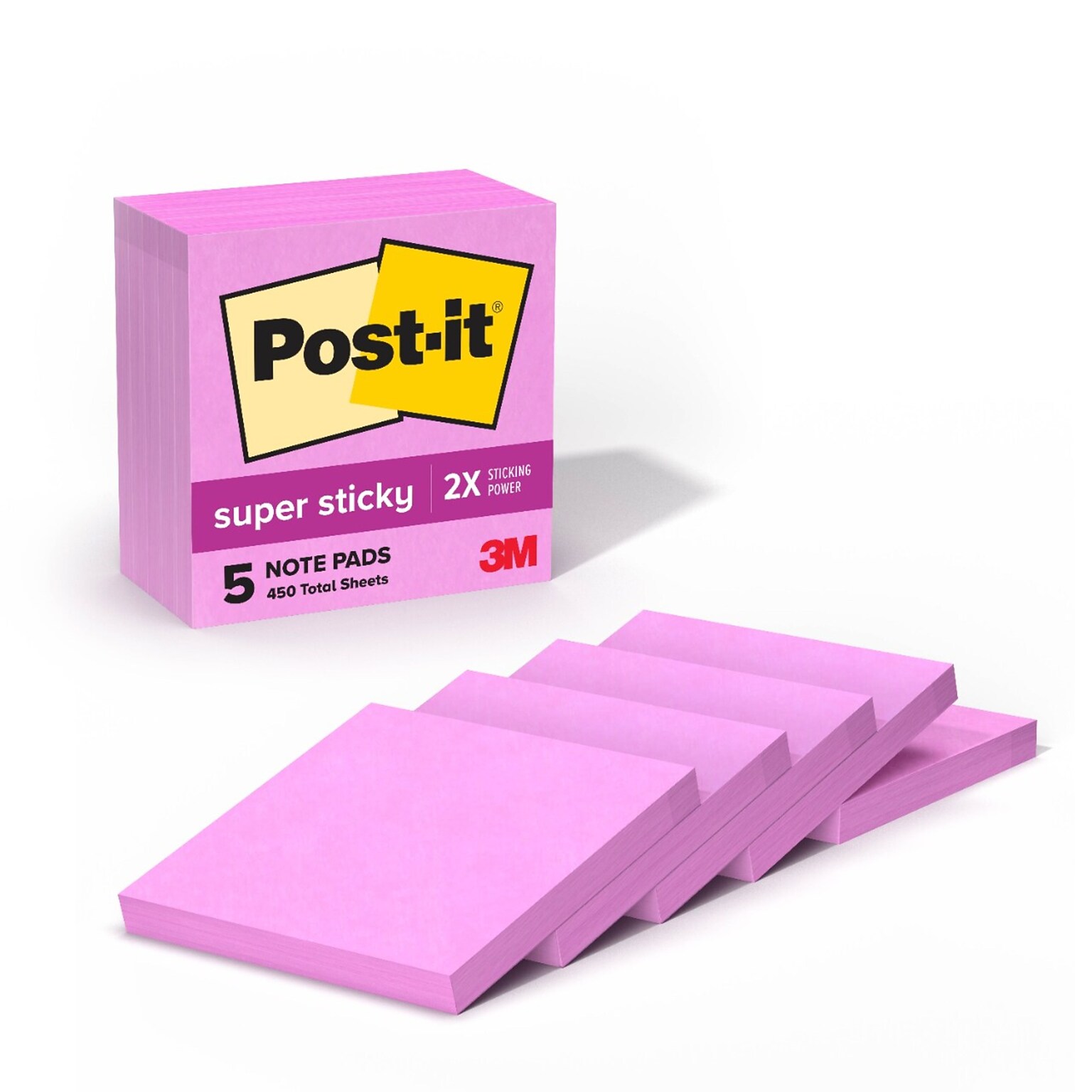 Post-it Super Sticky Notes, 3 x 3, Neon Pink, 90 Sheet/Pad, 5 Pads/Pack (654-5SSNP)