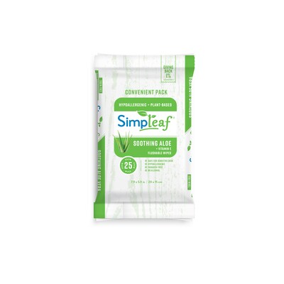 Simpleaf Aloe Vera Scented Flushable Wipes, 25 Single Wipes/Pack, 12 Packs/Box (S-001-12pack)