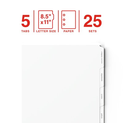 Staples Unpunched Print & Apply Label Dividers, White, 5-Tabs, 25 Sets (ST63051)