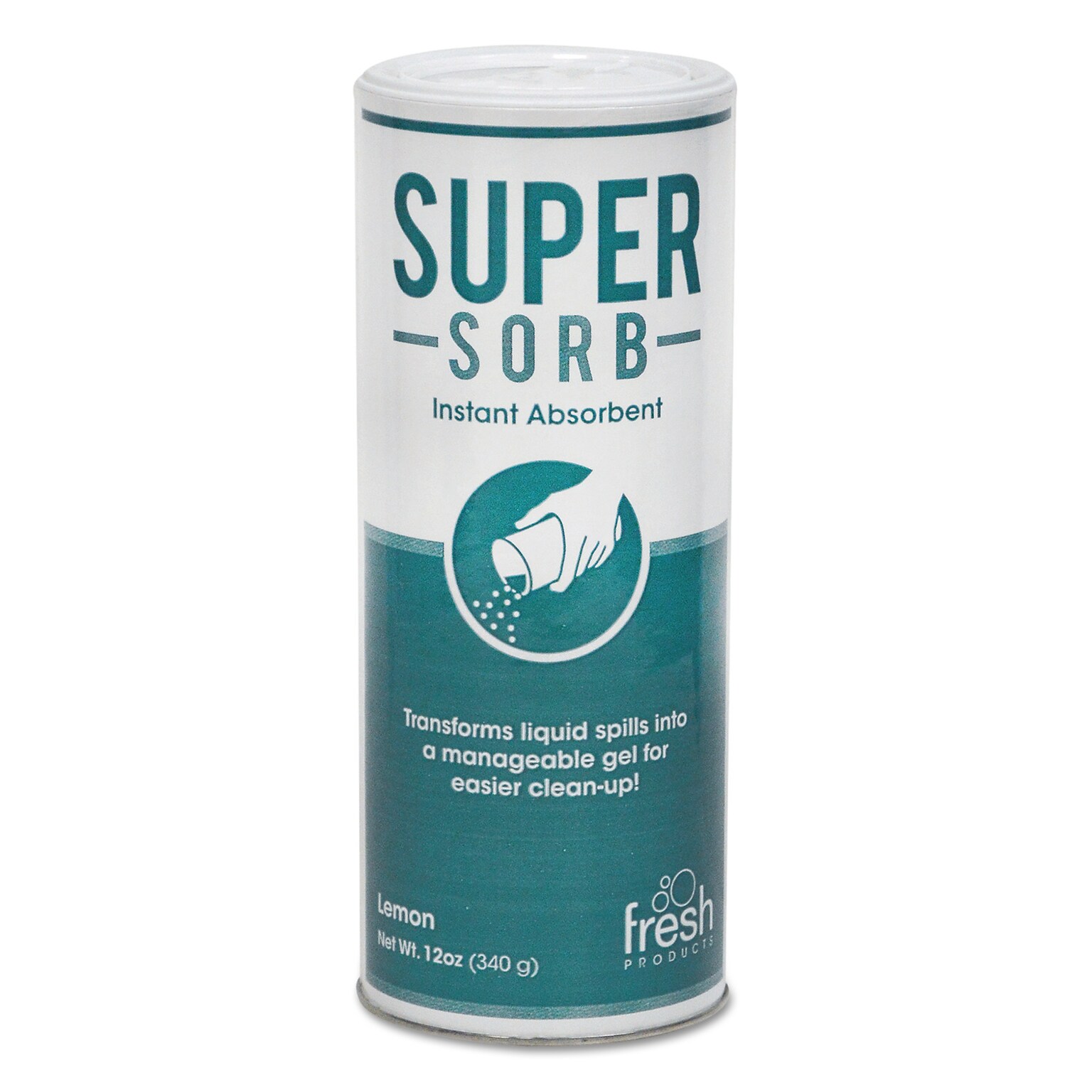 Fresh Products Super-Sorb Liquid Spill Absorbent, Lemon Scent, 720 oz, 12 oz Shaker Can, 6/Box