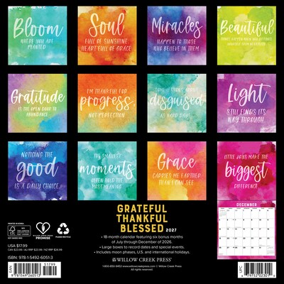 2027 Willow Creek Grateful, Thankful, Blessed 12 x 12 Monthly Wall Calendar, Assorted Colors (60513)