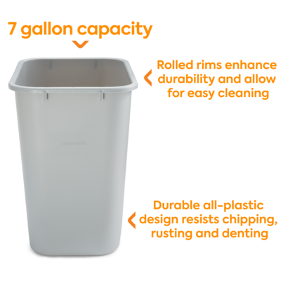 Coastwide Professional™ Indoor Trash Can Without Lid, Gray Soft Molded Plastic, 7 Gallon (CW56431)