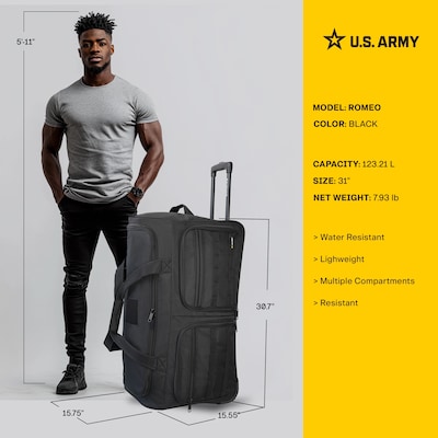 U.S. Army ROMEO 31" Polyester Telescoping Travel Duffel with Wheels, Black (USLROM31BLK)