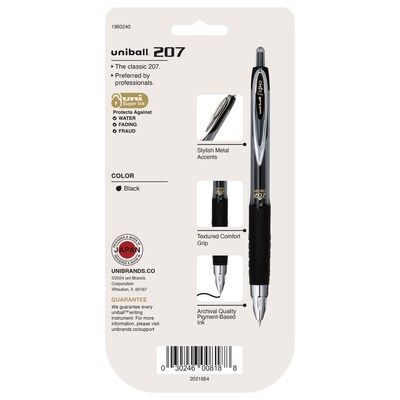 uni-ball Signo 207 Retractable Gel Pen, Fine Point, 0.5mm, Black Ink, 5/Pack (1960240)