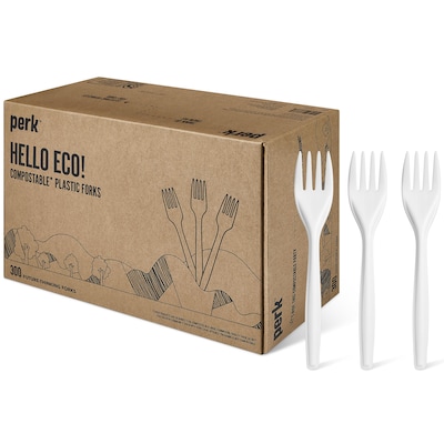 Perk™ Compostable PLA Fork, Medium-Weight, White, 300/Pack (PK56201)