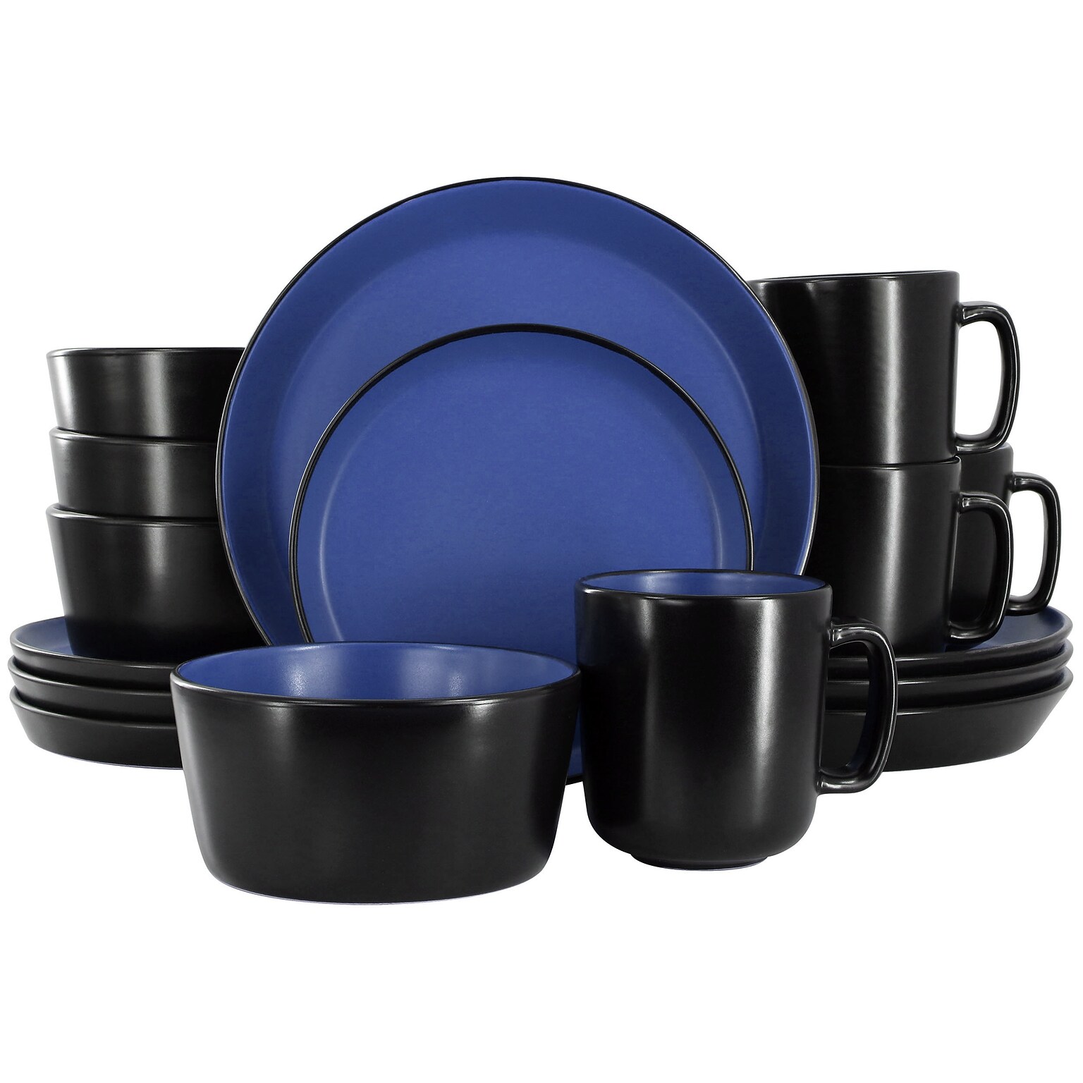 Elama Bacarra Stoneware Dinnerware Set, Black/Blue, 16 Piece (935120578M)