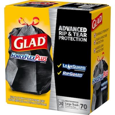 Glad ForceFlexPlus 30 Gallon Trash Bag, 5.31" x 10.06", Low Density, 0.90 mil, Black, 70/Box (70358)
