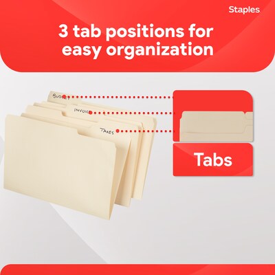 Staples 30% Recycled File Folders, 1/3-Cut Tab, Legal, Manila, 100/Box (ST56680-CC)