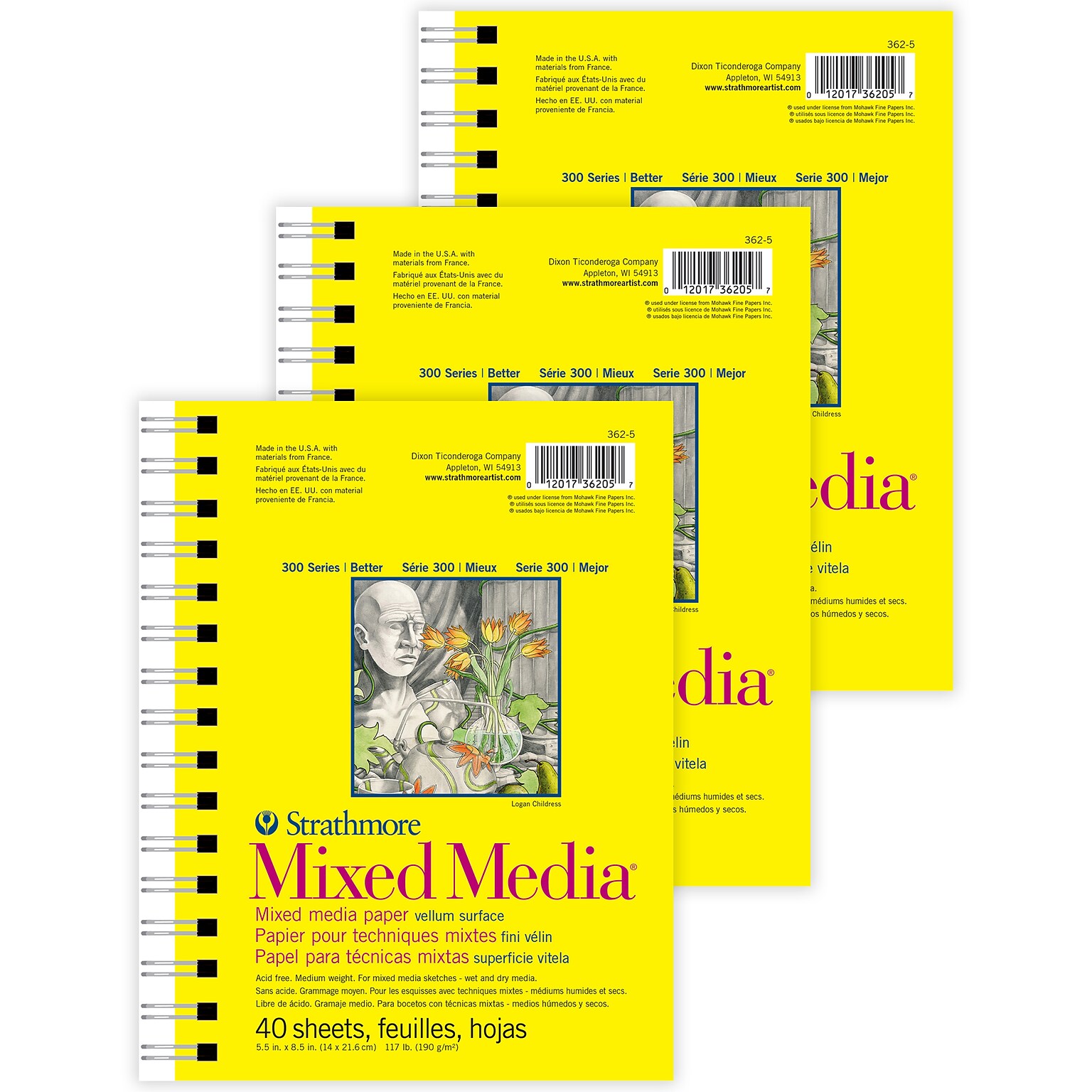 Strathmore 300 Series 5.5 x 8.5 Wire Bound Mixed Media Sketch Pad, 40 Sheets/Pad, 3/Bundle (STTP3625-3)