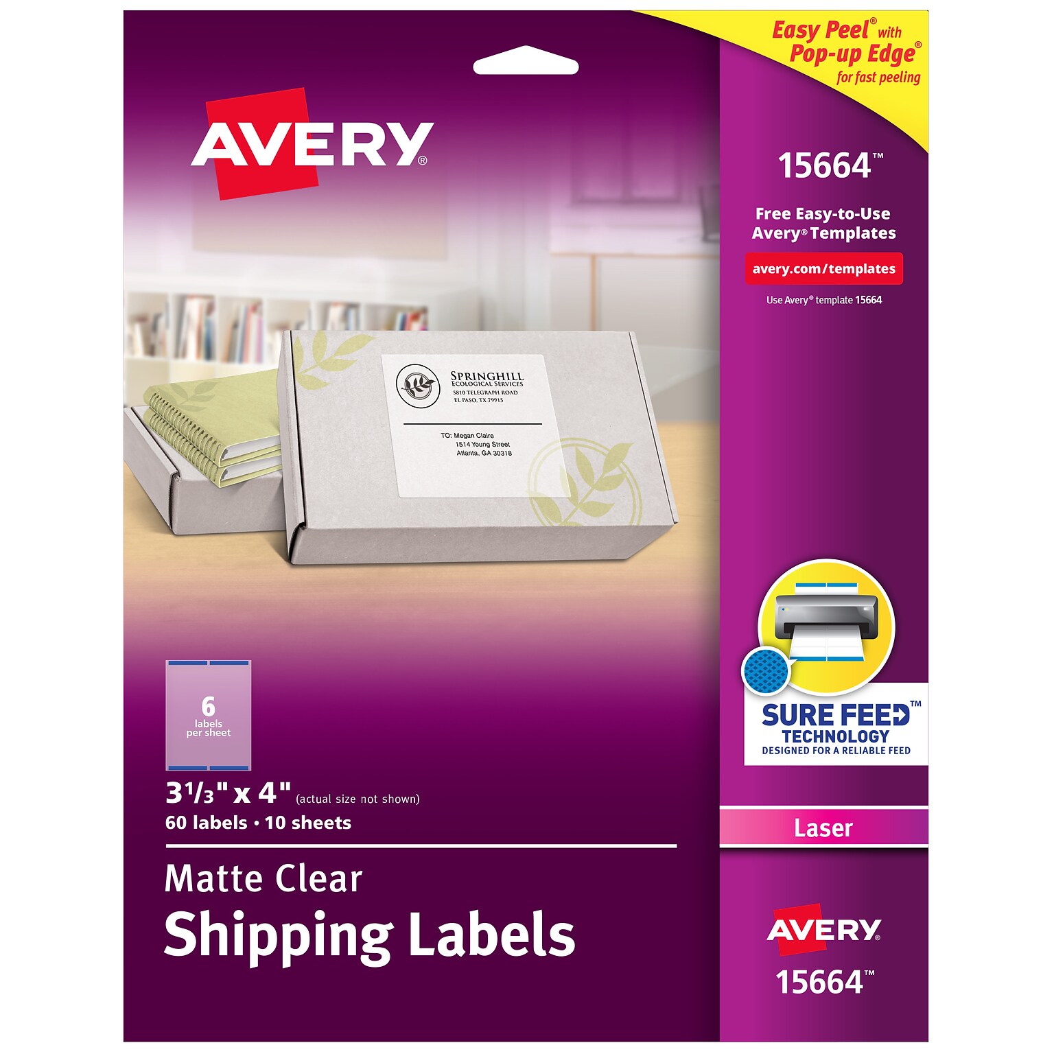 Avery Easy Peel Laser Shipping Labels, 3-1/3 x 4, Clear, 60 Labels/Pack (15664)