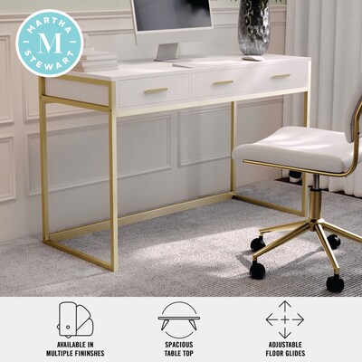 Martha Stewart Ollie 47"W Engineered Wood Rectangular Home Office Desk with 3 Drawers, White/Polished Brass (ZGZP028WHGLD)