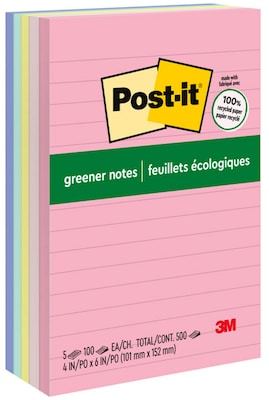 Post-it Greener Recycled Notes, 4 x 6, Sweet Sprinkles Collection, Lined, 100 Sheet/Pad, 5 Pads/Pa