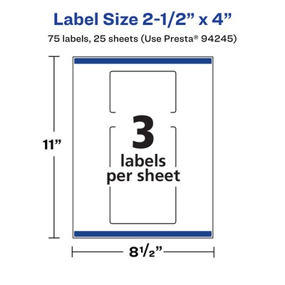 Avery Laser/Inkjet Rectangle Waterproof Multipurpose Labels, 4"  x 2.5", White, 75/Pack (94245)