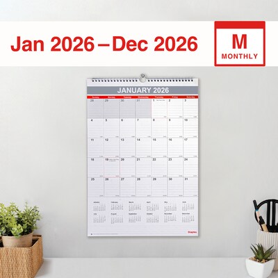 2026 Staples 12 x 17 Monthly Wall Calendar, White/Red/Gay (ST53913-26)