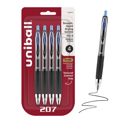 uniball 207 Retractable Gel Pens, Medium Point, 0.7mm, Blue Ink, 4/Pack (45532PP)