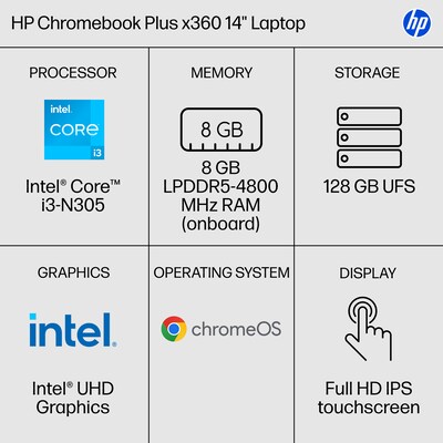 HP Chromebook Plus x360 14 FHD, Intel Core i3-N305, 8GB RAM, 128GB UFS, +10.25 hours battery, Chrom