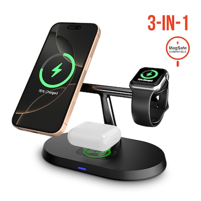 HyperGear MaxCharge Pro 3-in-1 Wireless Charging Stand with Magnetic Wireless Fast Charge, 15W, Black (16189)