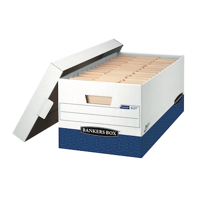 Bankers Box Presto Heavy-Duty Instant Assembly File Storage Boxes, Lift-Off Lid, Letter Size, White/Blue, 12/Carton (0063101)