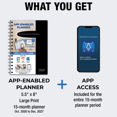 2027 Rocketbook Rocketplanner 6" x 8" Calendar Year Weekly & Monthly Planner, Plastic Cover (RKPL-CY27-5-BK)