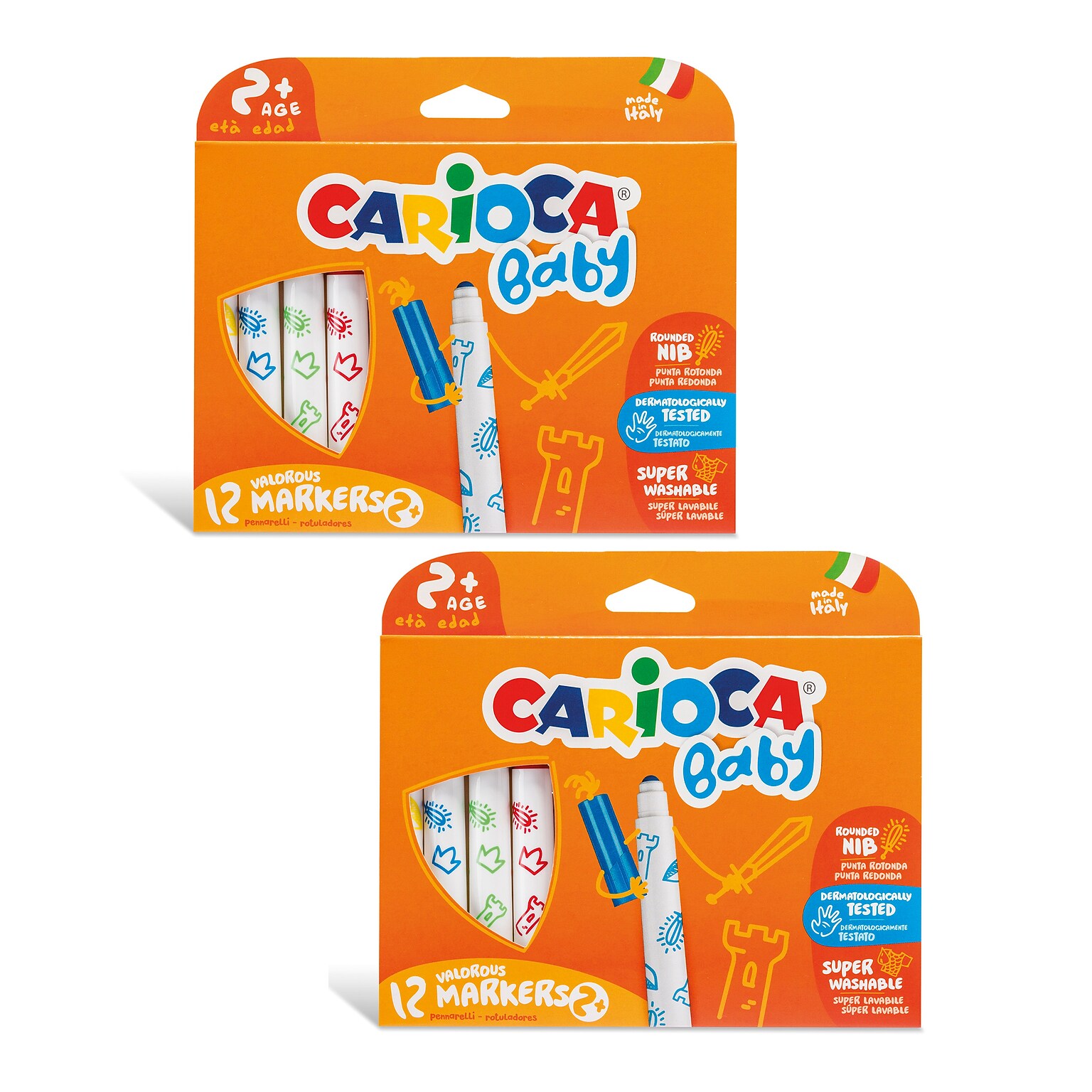 CARIOCA Baby Washable Kids Markers, Rounded Nib, Assorted Colors, 12/Pack, 2/Bundle (CRA42814-2)