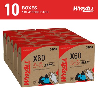 WypAll General Clean X60 Multi-Task Cleaning Wipers, White, 118 Sheets/Box, 10 Boxes/Carton (34790)