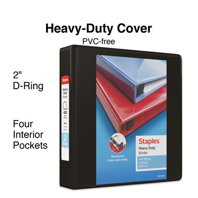 Staples® Heavy Duty 2" 3 Ring View Binder with D-Rings, Black, 6/Pack (56233CT/24684CT)