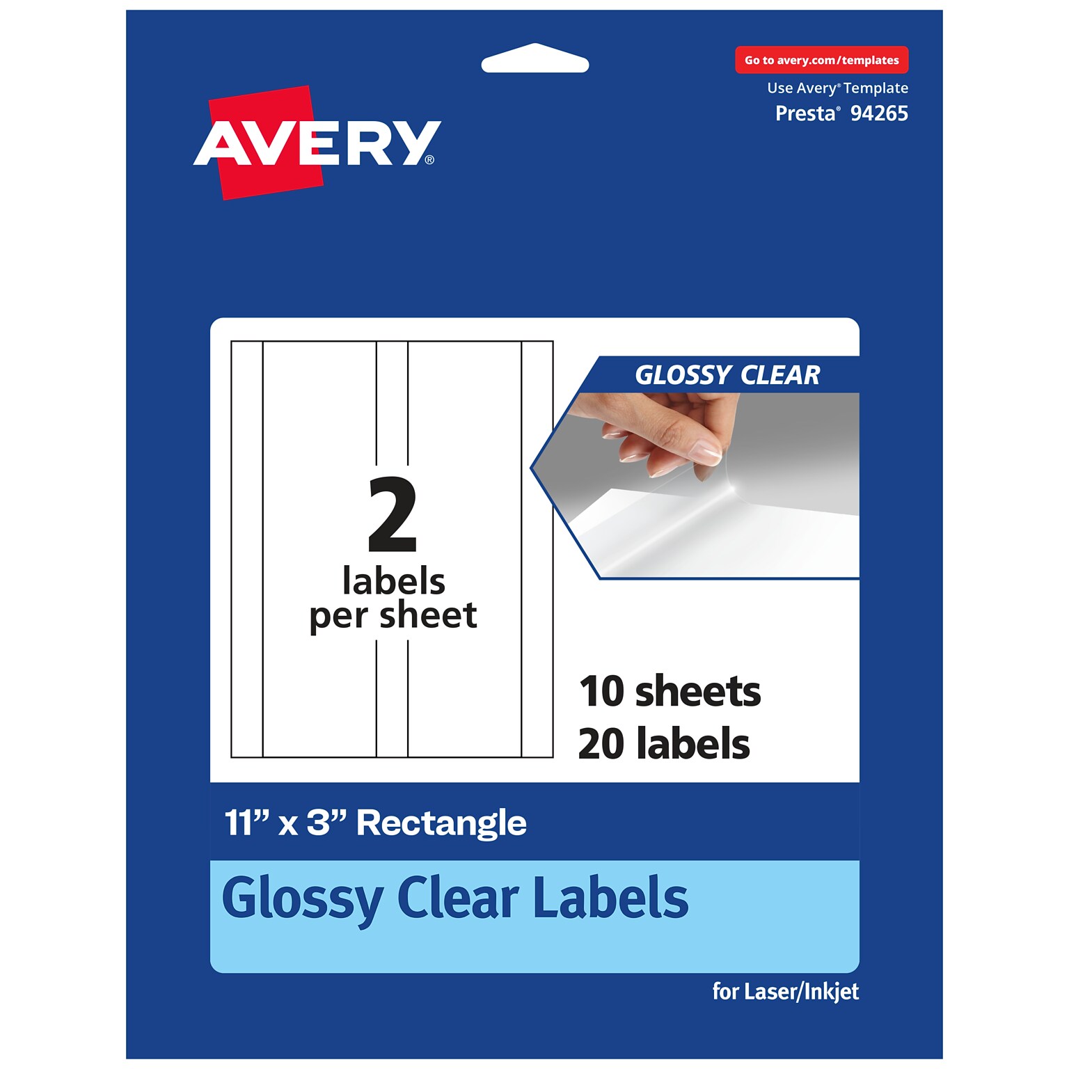 Avery Laser/Inkjet Multipurpose Labels, 3 x 11, Glossy Clear, 20/Pack (94265)