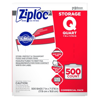 Ziploc Double Zipper Storage Bags, Quart, 500 Bags/Carton (682256)