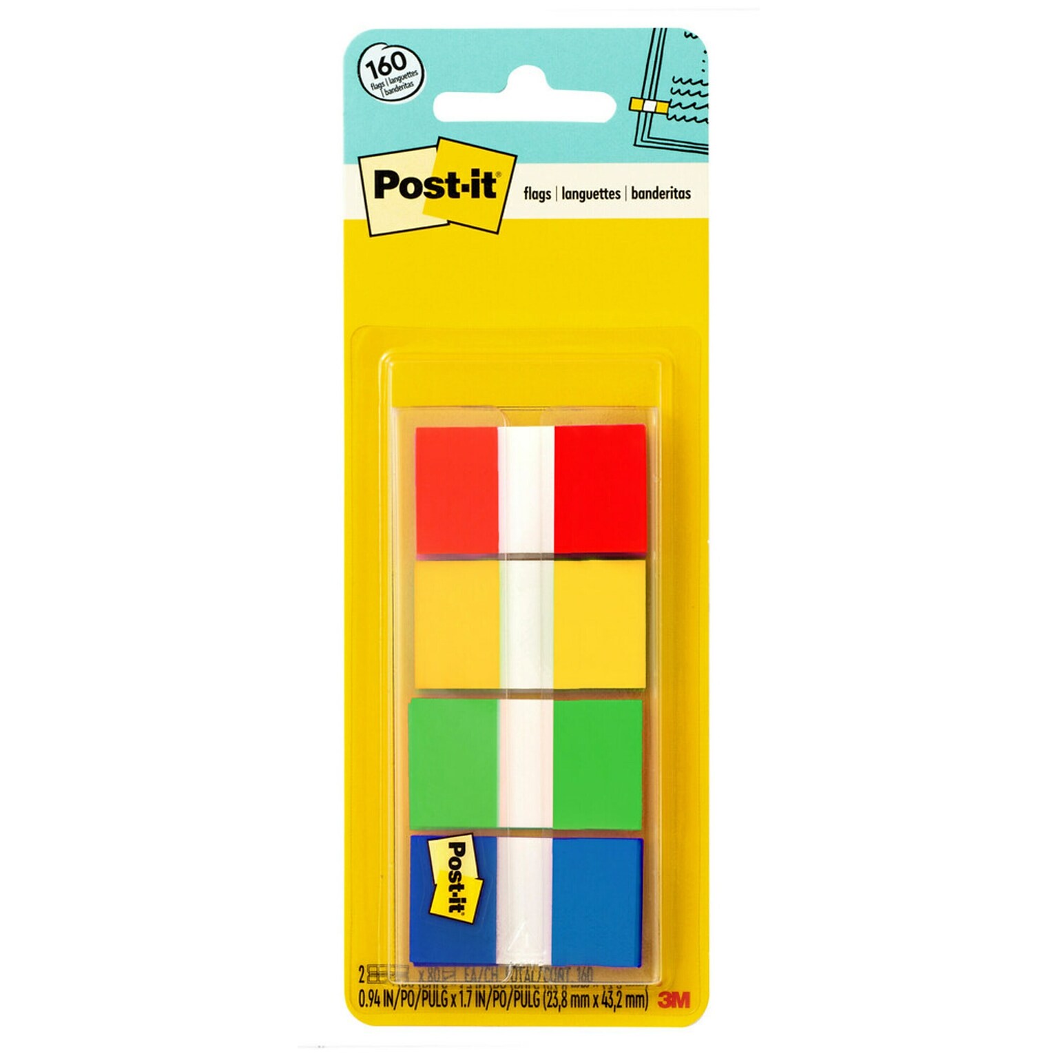 Post-it® Flags, .94 Wide, Assorted Colors, 160 Flags/Pack (680-RYGB2)