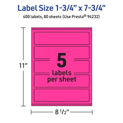 Avery Laser/Inkjet Rectangle Multipurpose Labels, 1.75" x 7.75", Neon Magenta, 400/Box (94232)