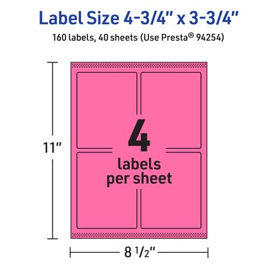 Avery Laser/Inkjet Rectangle Multipurpose Labels, 4.75" x 3.75", Bright Pink, 160/Pack (94254)